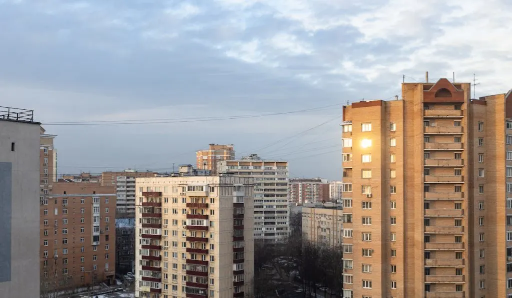 above view of residential apartment building at sunrise