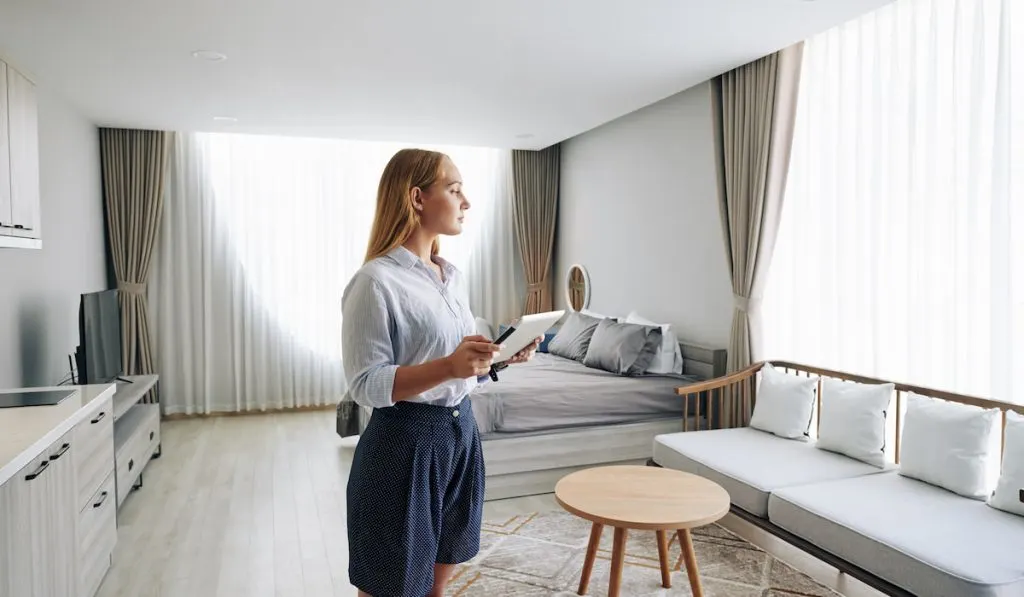 young woman with tablet standing in her studio apartment